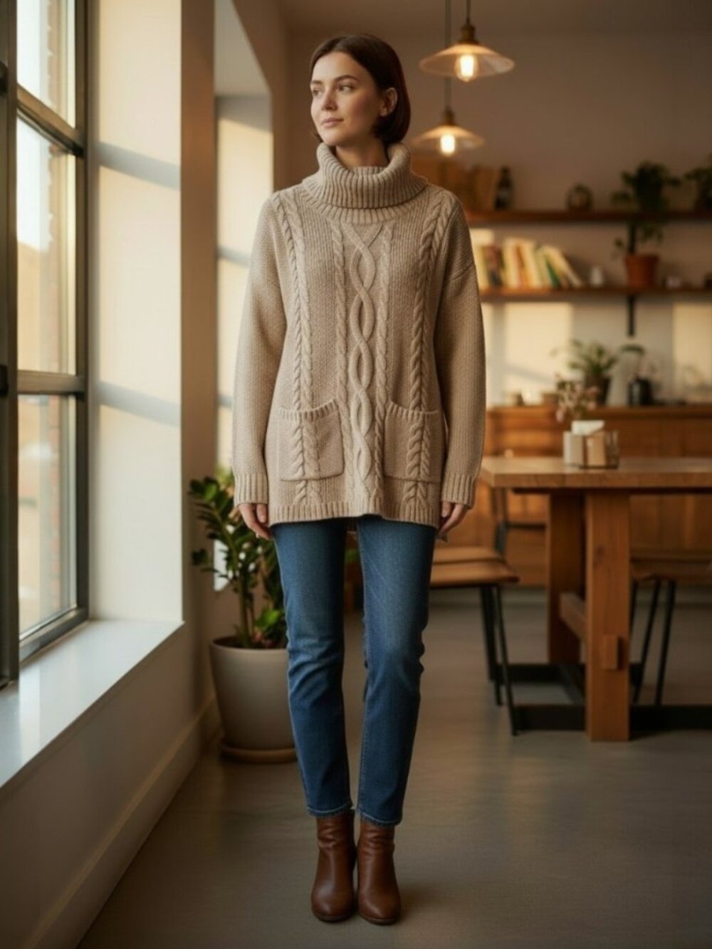 Marled Reunited Clothing Beige turtleneck braided knot cable-knit chunky sweater